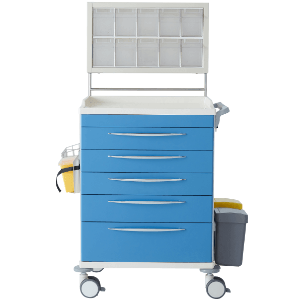 Anaesthesia Trolley with 5 x Blue Drawers and Lockable Storage Containers