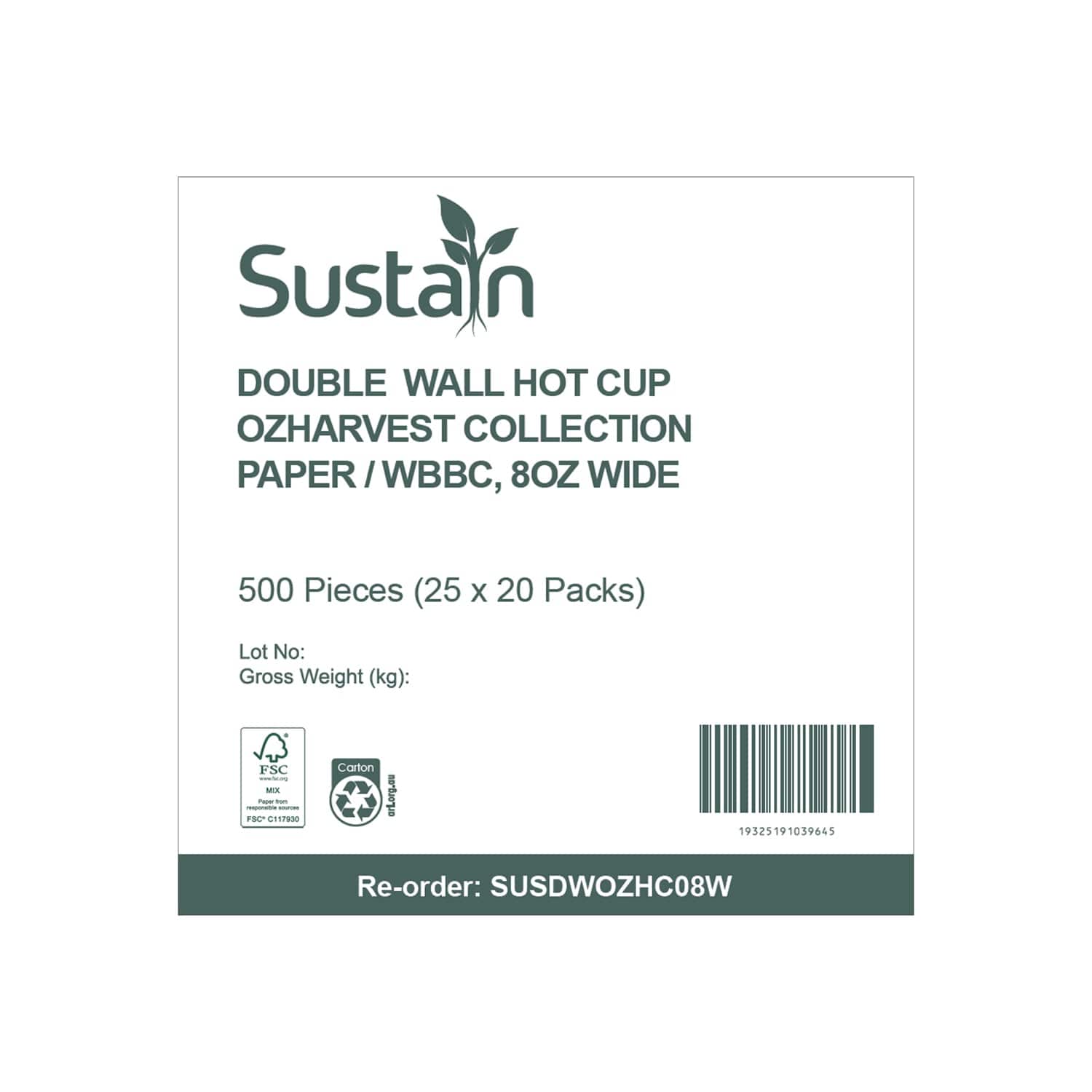 Sustain Disposable Cups Aqueous Hot Cup Double Wall 8oz Wide