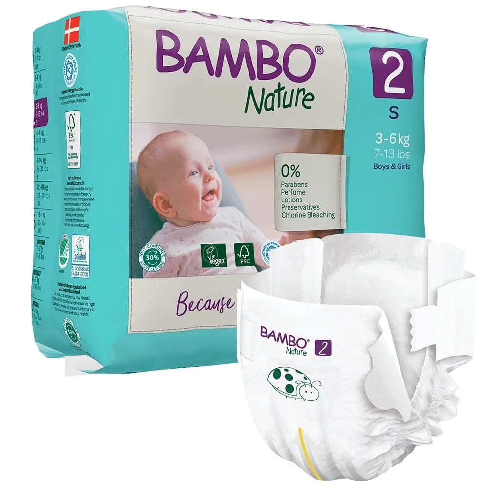 Bambo Nature Eco Nappies – Size 2 S (3–6 kg), 30 Nappies – pack