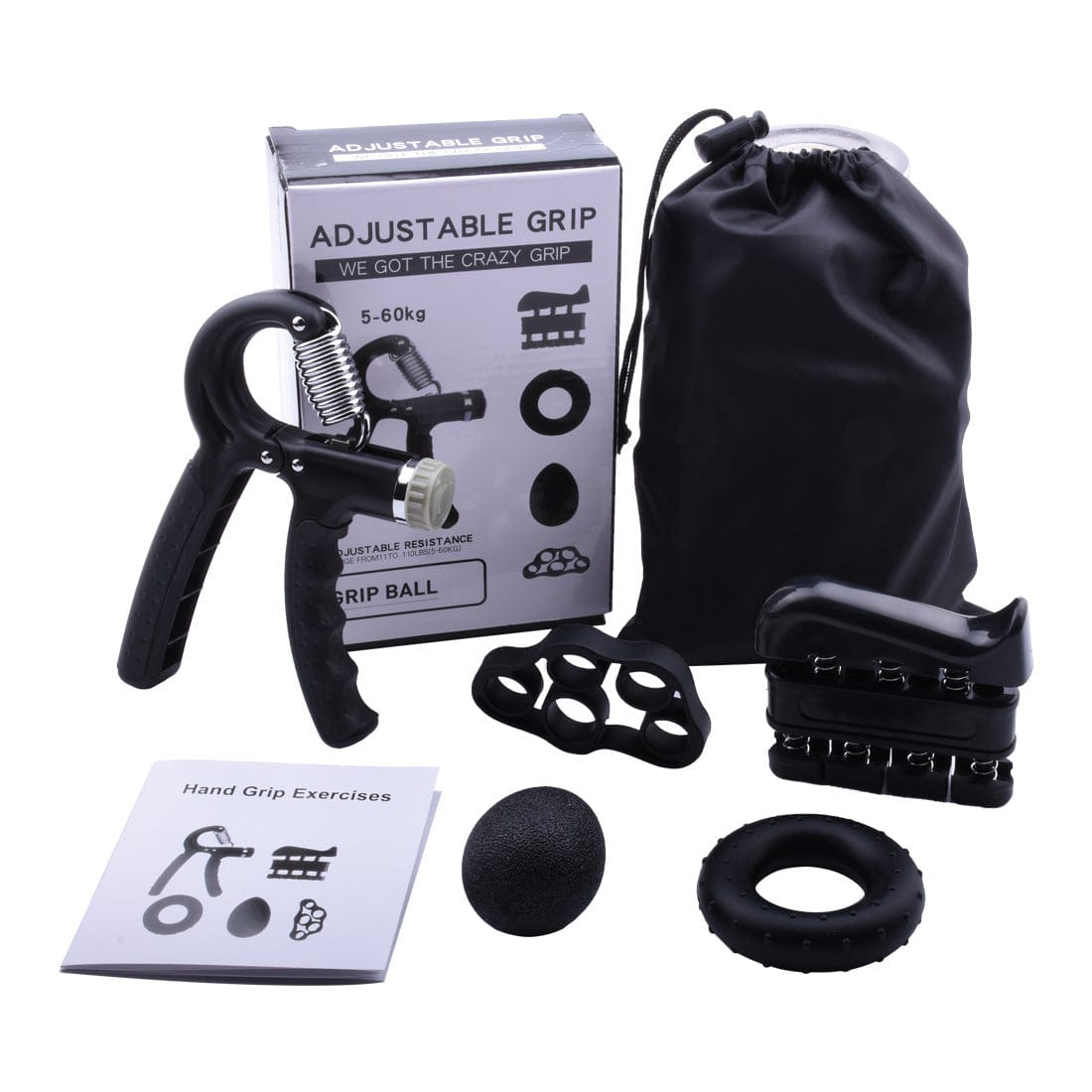 Black 5-Piece Hand Grip Strength Training Set – Adjustable Grip Exerciser, Silicone Grip Rings & Grip Ball