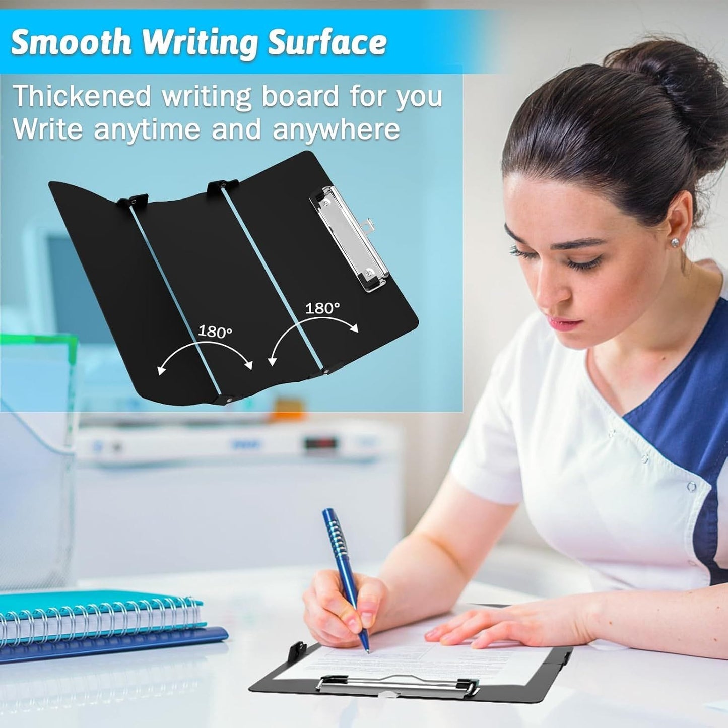 Blue Waterproof Aluminum Tri-Fold Nursing Clipboard with Pen Slot - Lightweight Pocket-Sized A4 Document Holder & 180° Flat Writing Pad
