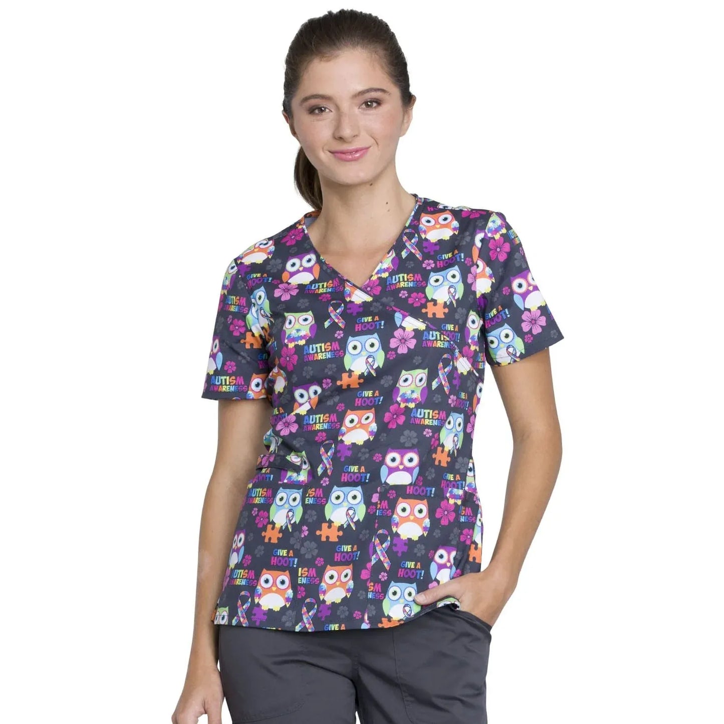 Cherokee CK614 Autism Awareness Owls Scrubs Top