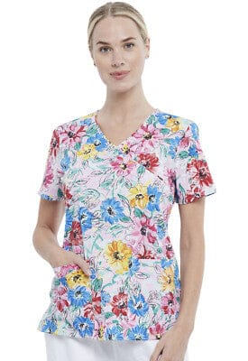 Cherokee CK614 Scrubs Mock Wrap Top Watercolor Blossoms