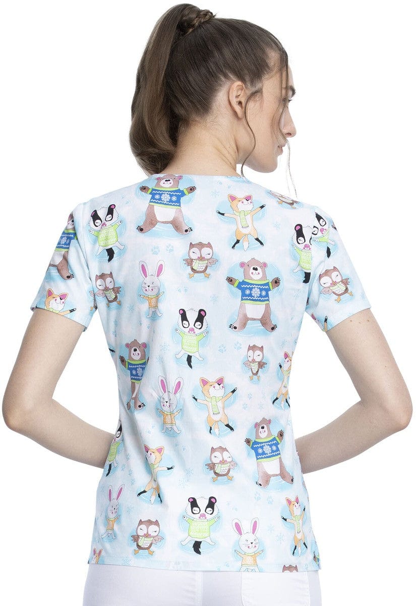 Cherokee CK614  Scrubs Mock Wrap Top Woodland Snow Angels - Winter