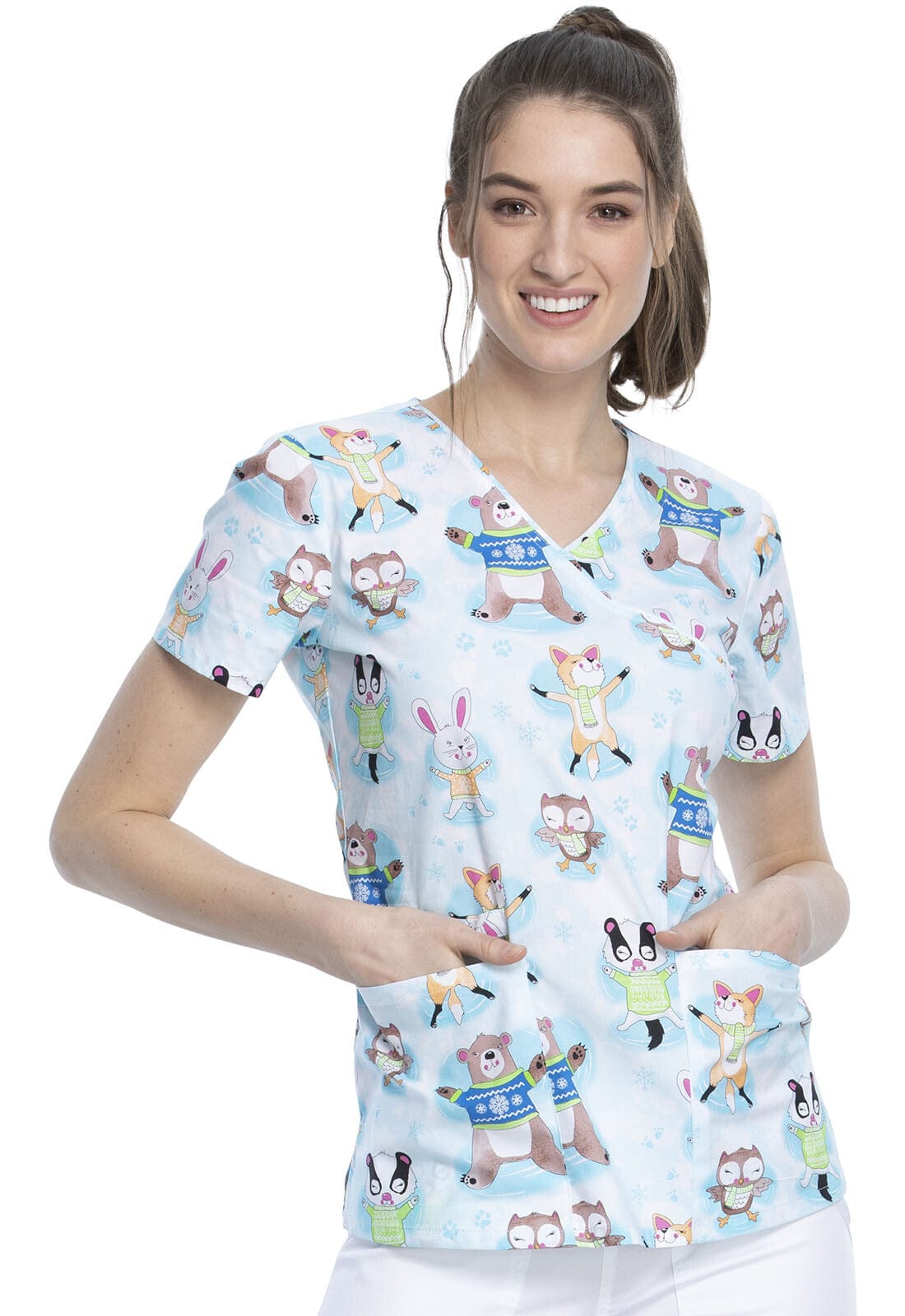 Cherokee CK614  Scrubs Mock Wrap Top Woodland Snow Angels - Winter