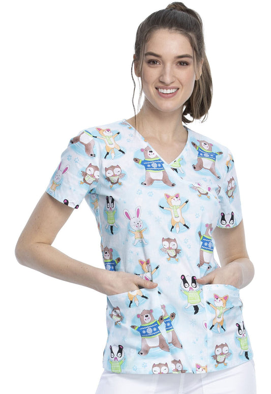 Cherokee CK614  Scrubs Mock Wrap Top Woodland Snow Angels - Winter