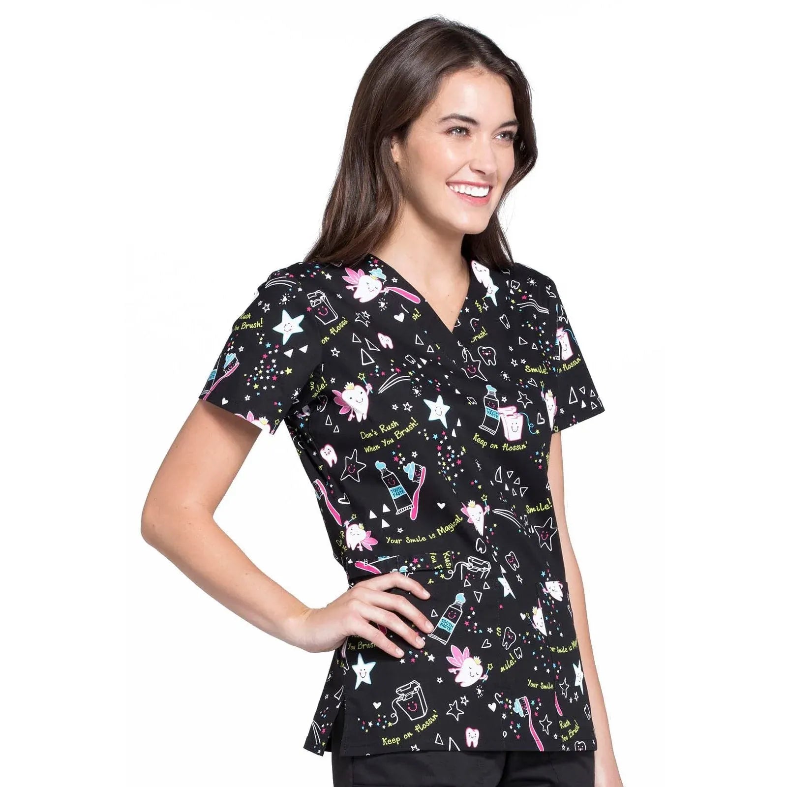 Cherokee Scrub Tops Cherokee CK616 Tooth Fairy Magic Scrubs Top Women