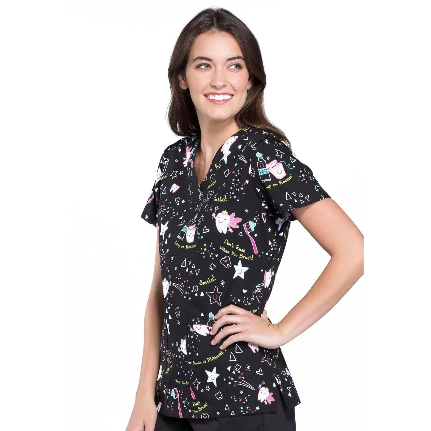 Cherokee Scrub Tops Cherokee CK616 Tooth Fairy Magic Scrubs Top Women