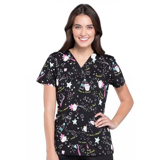 Cherokee Scrub Tops 2XL Cherokee CK616 Tooth Fairy Magic Scrubs Top Women