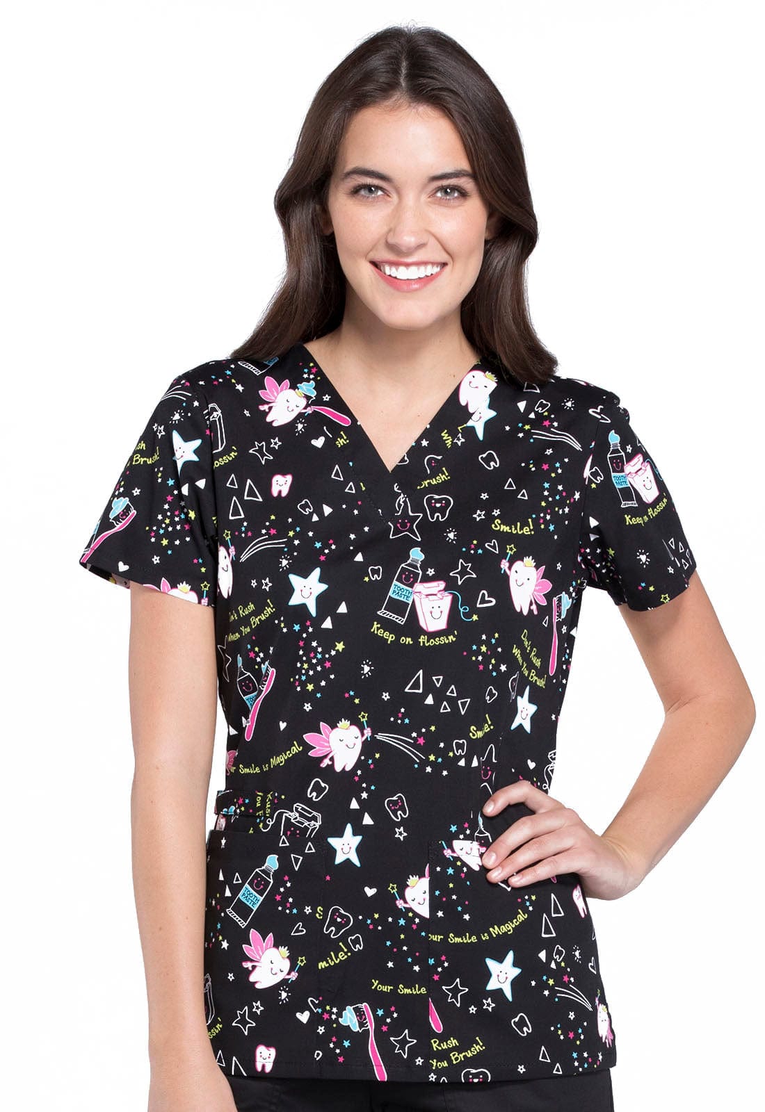 Cherokee Scrub Tops 2XL Cherokee CK616 Tooth Fairy Magic Scrubs Top Women