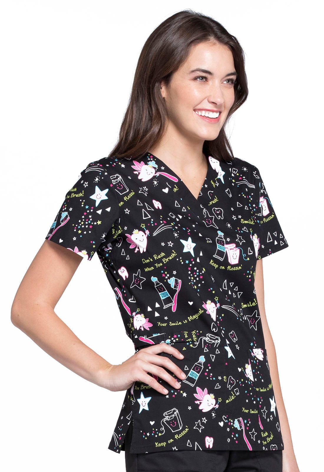 Cherokee Scrub Tops Cherokee CK616 Tooth Fairy Magic Scrubs Top Women