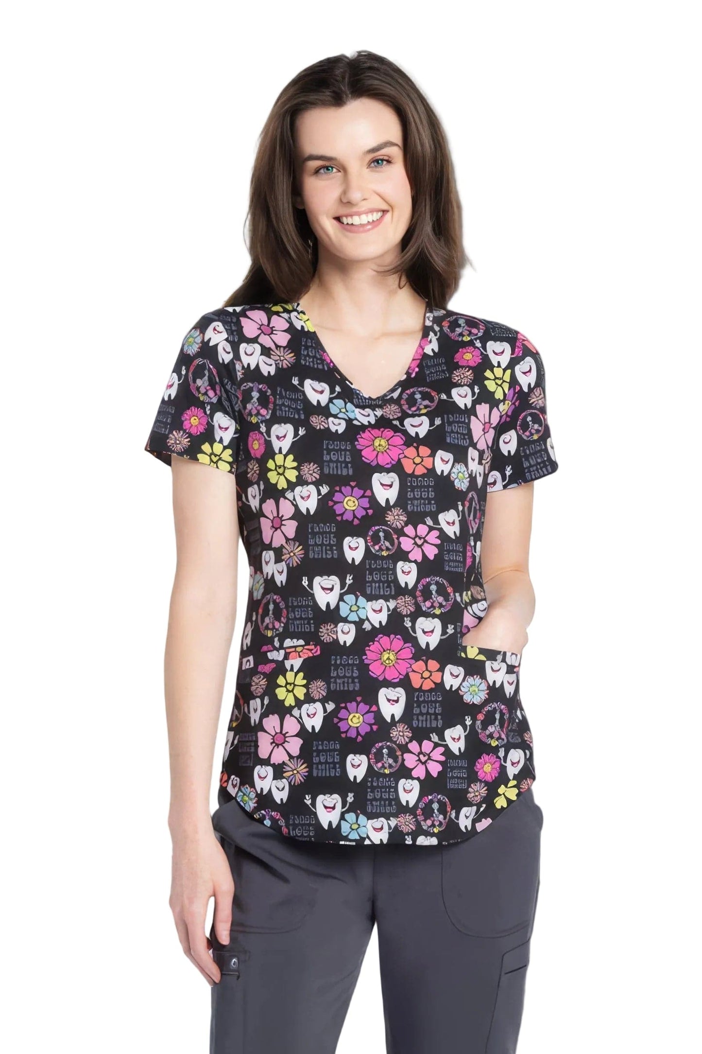 Cherokee CK637 V-Neck Scrubs Print Top Peace Love Smile