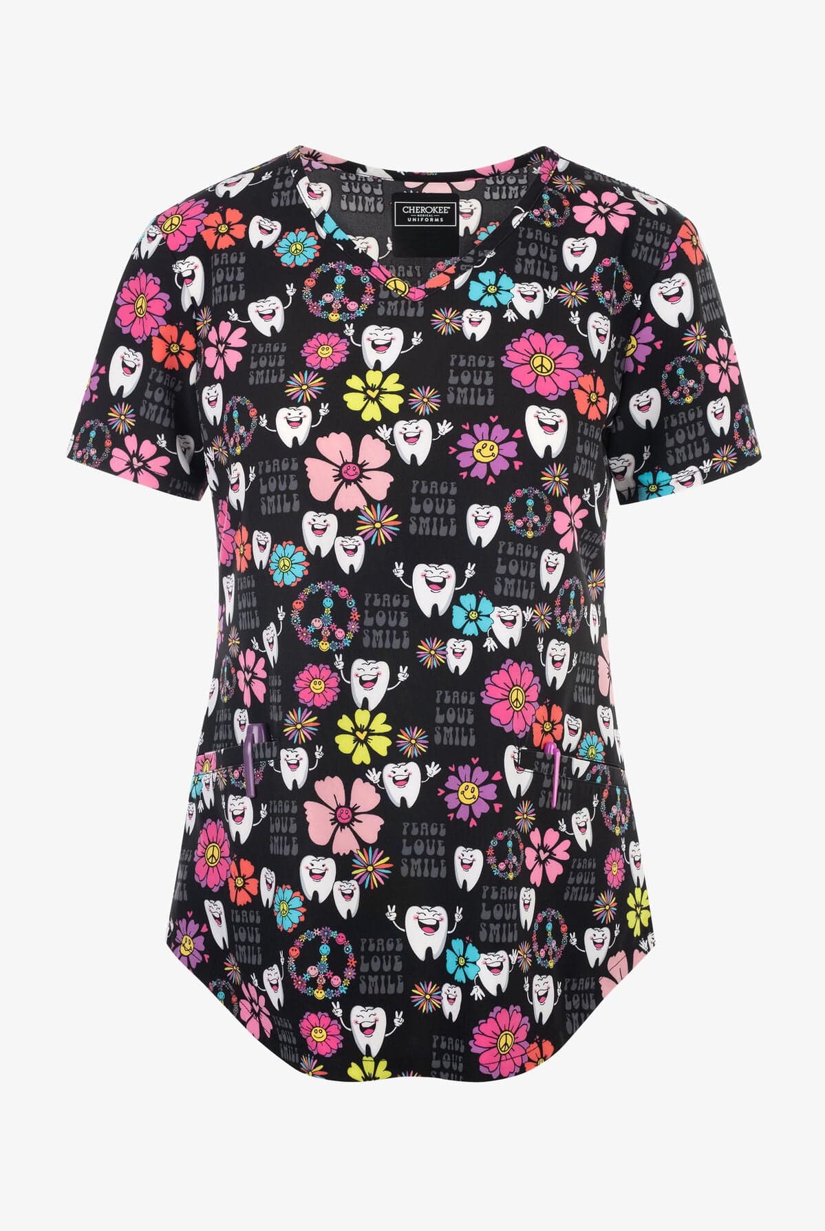 Cherokee CK637 V-Neck Scrubs Print Top Peace Love Smile