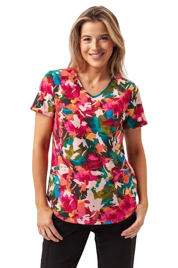 Cherokee CK637 V-Neck Scrubs Top Women Top Abstract Petals