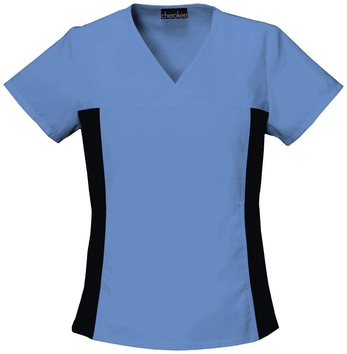 Cherokee Scrubs Top Cherokee Flexibles 2874 Scrubs Top Women's V-Neck Knit Panel Ciel Blue