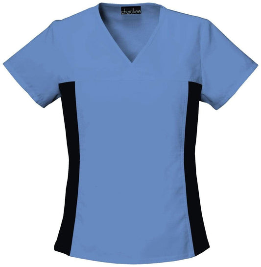 Cherokee Scrubs Top Cherokee Flexibles 2874 Scrubs Top Women's V-Neck Knit Panel Ciel Blue