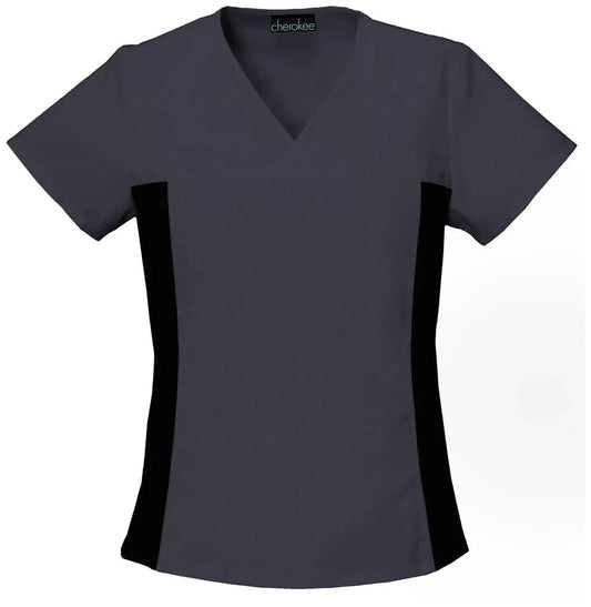 Cherokee Flexibles 2892 Scrubs Top Maternity Mock Wrap Knit Panel Pewter