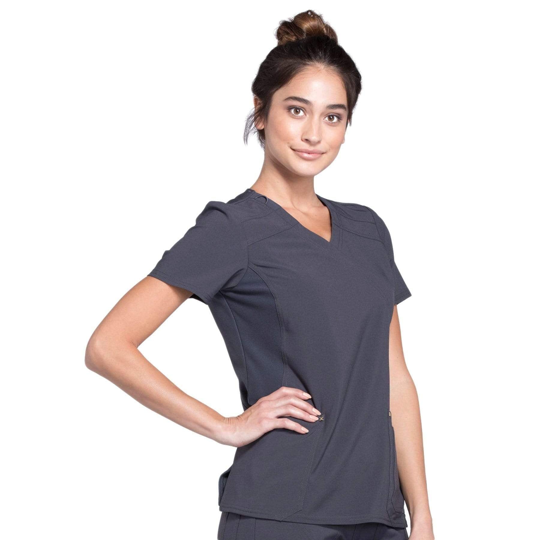 Cherokee Scrubs Top Cherokee iflex CK680 Scrubs Top Women's Mock Wrap Knit Panel Pewter