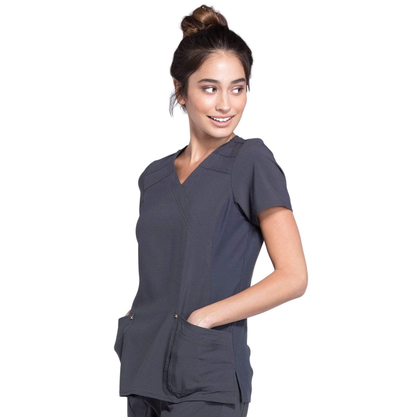 Cherokee Scrubs Top Cherokee iflex CK680 Scrubs Top Women's Mock Wrap Knit Panel Pewter