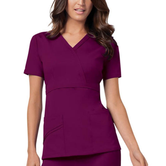 Cherokee Scrubs Top 2XL Cherokee Luxe 1841 Scrubs Top Women's Mock Wrap Wine