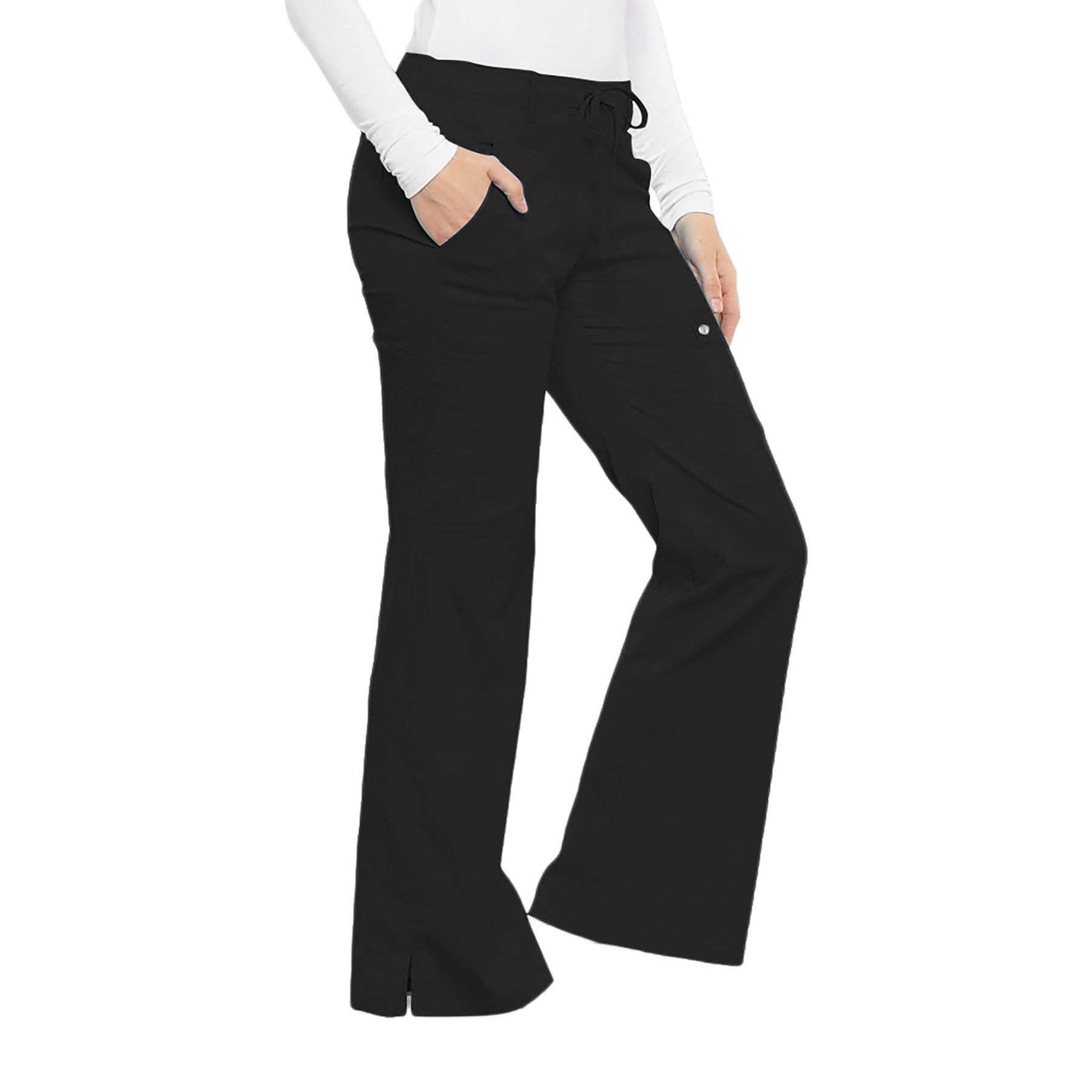 Cherokee Scrubs Pants Cherokee Luxe 21100 Scrubs Pants Women's Low Rise Flare Leg Drawstring Cargo Black