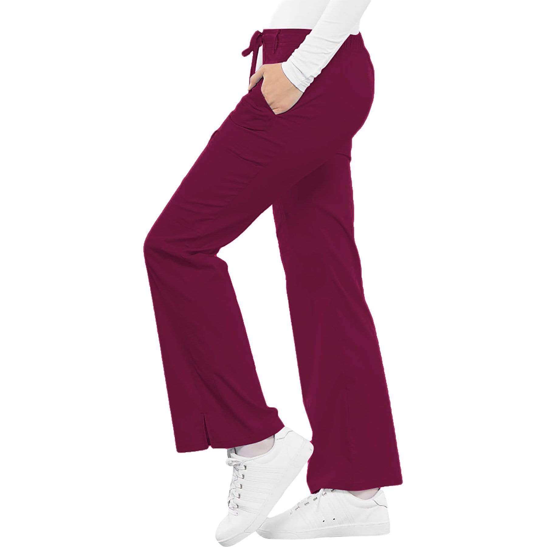 Cherokee Scrubs Pants Cherokee Luxe 21100 Scrubs Pants Women's Low Rise Flare Leg Drawstring Cargo Wine