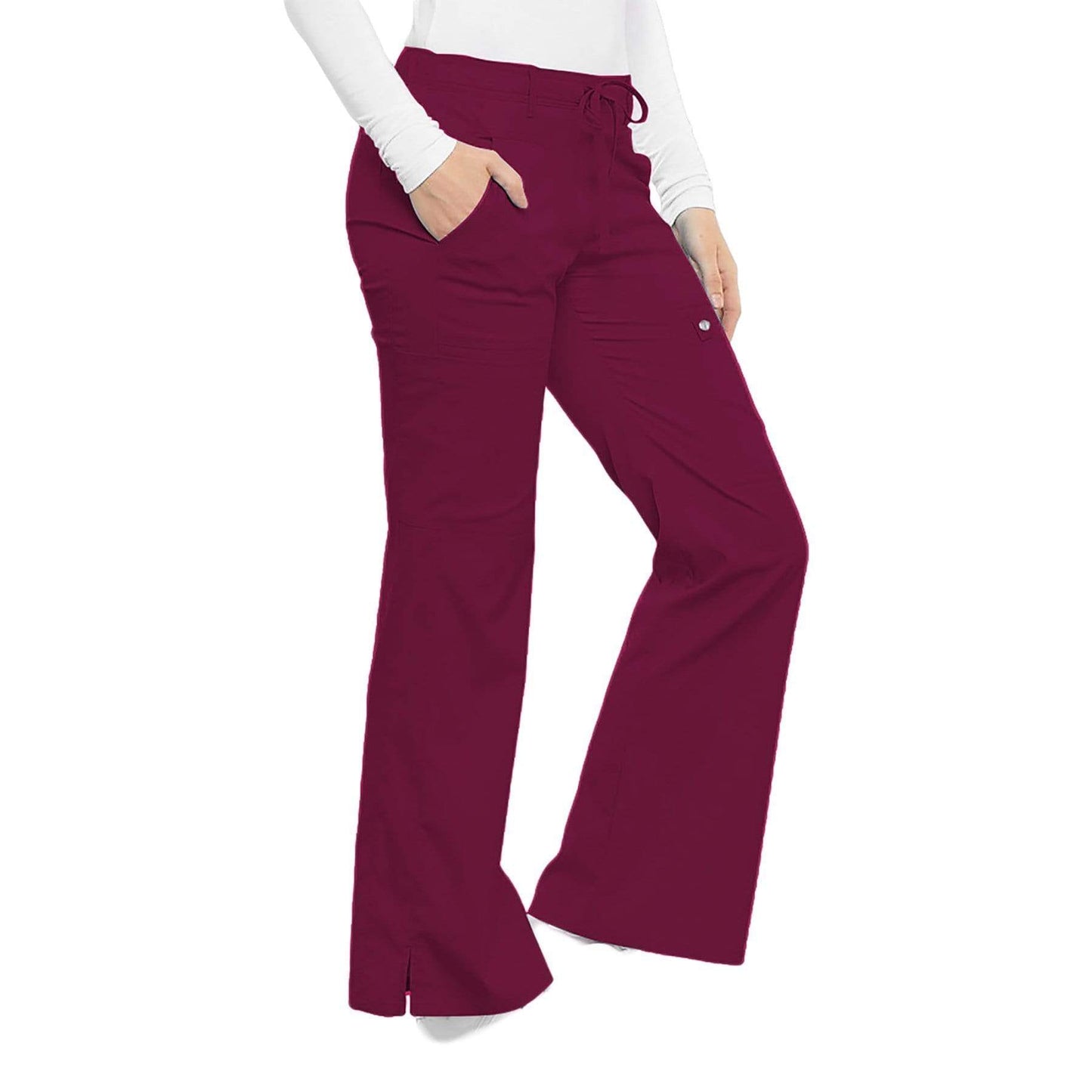 Cherokee Scrubs Pants Cherokee Luxe 21100 Scrubs Pants Women's Low Rise Flare Leg Drawstring Cargo Wine