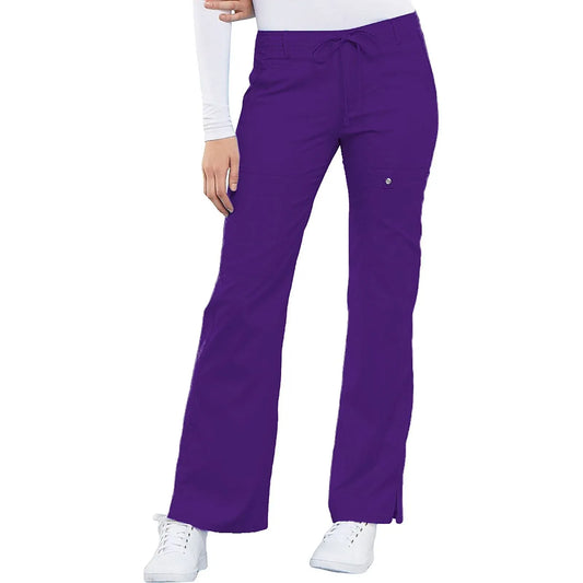 Cherokee Scrubs Pants Cherokee Luxe 21100 Scrubs Pants Womens Low Rise Flare Leg Drawstring Cargo Nu-Grape