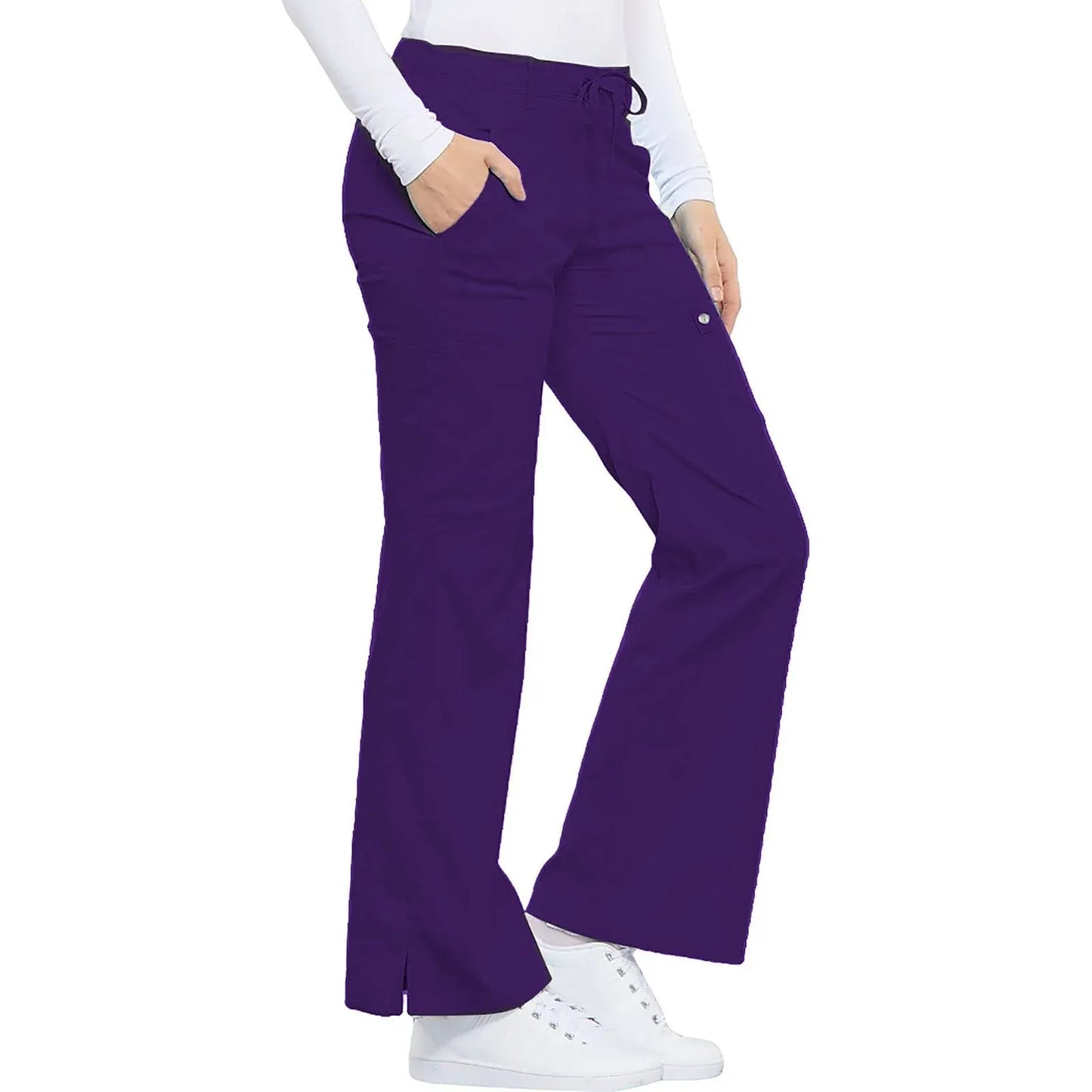Cherokee Scrubs Pants Cherokee Luxe 21100 Scrubs Pants Womens Low Rise Flare Leg Drawstring Cargo Nu-Grape