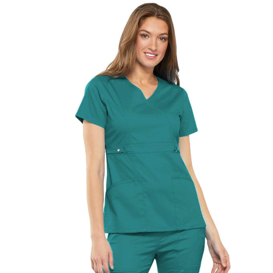 Cherokee Scrubs Top Cherokee Luxe 21701 Scrubs Top Women's Empire Waist Mock Wrap Teal Blue