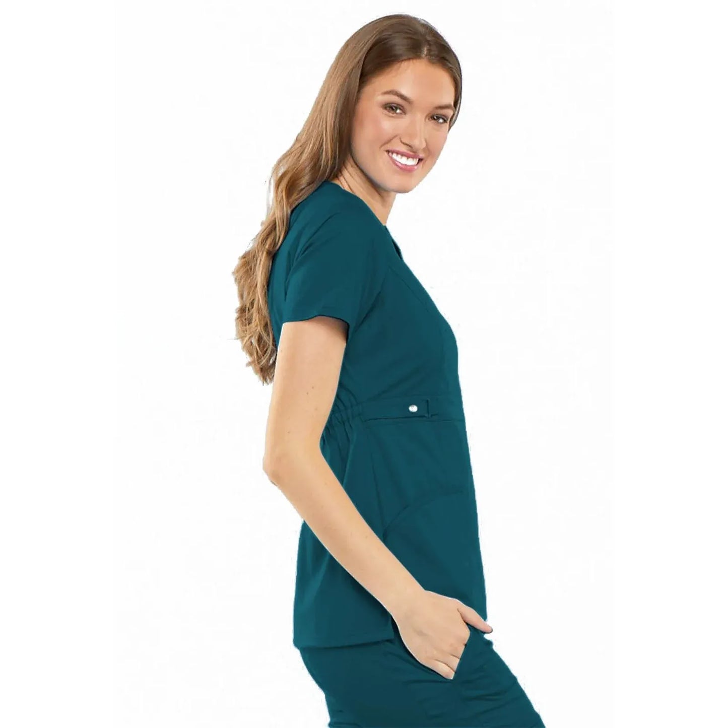 Cherokee Scrubs Top 2XL Cherokee Luxe 21701 Scrubs Top Womens Empire Waist Mock Wrap Caribbean Blue