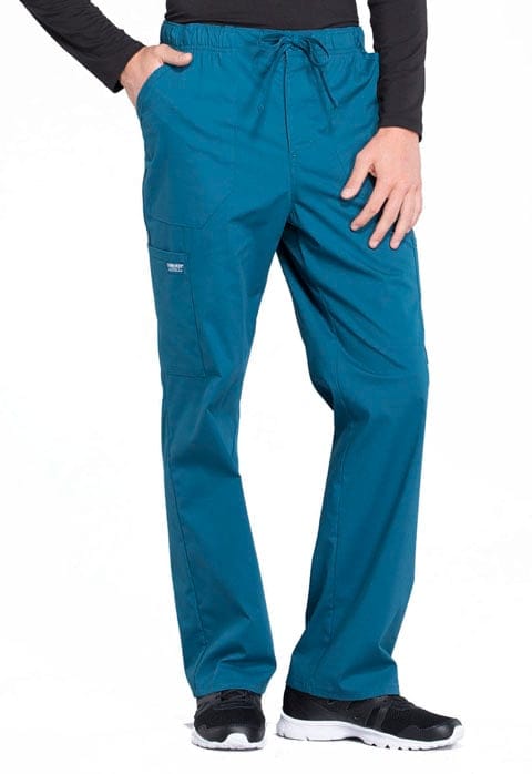 Cherokee Professionals WW190 Scrubs Pants Men's Tapered Leg Drawstring Cargo Caribbean Blue 3