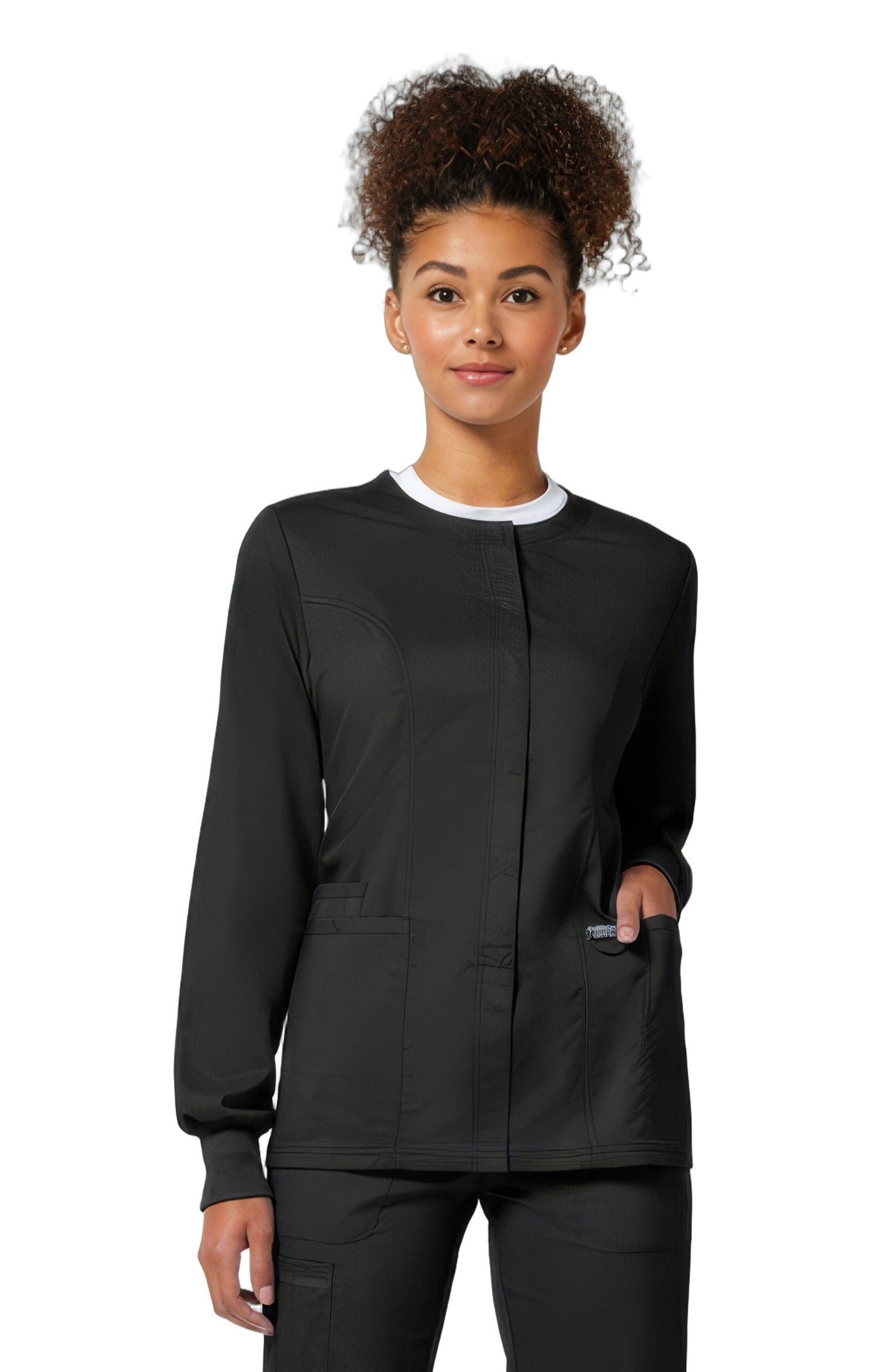 Cherokee Revolution WW310 Women's Snap Front Crew Neck Scrub Jacket Black