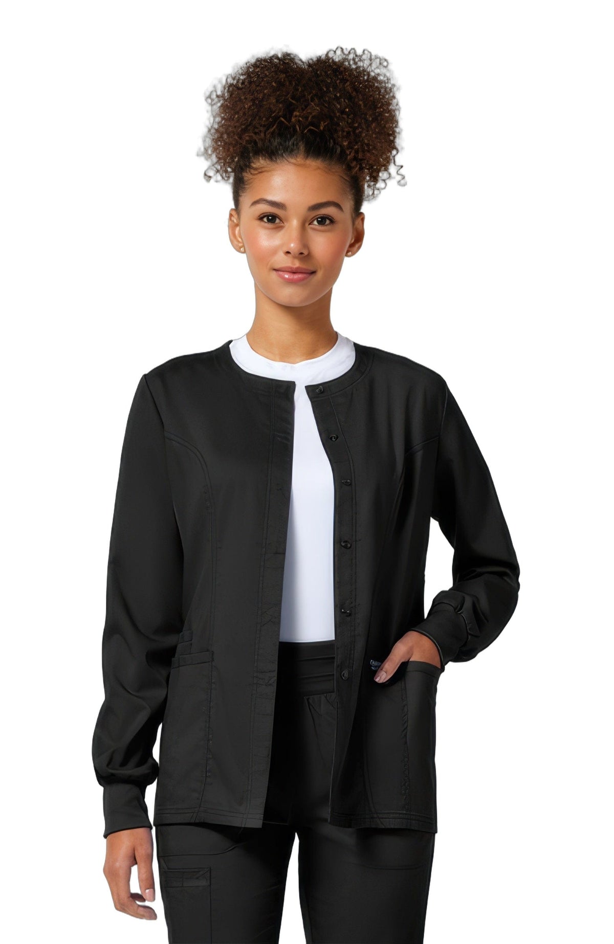 Cherokee Revolution WW310 Women's Snap Front Crew Neck Scrub Jacket Black