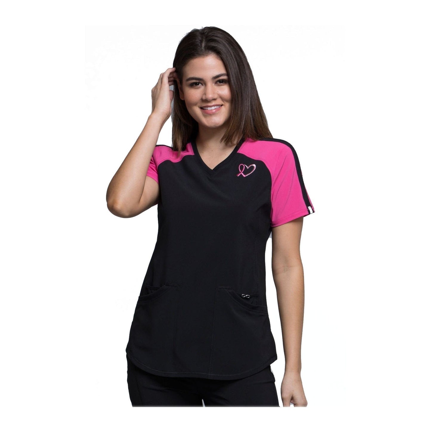 Cherokee Top Cherokee Scrubs Top Infinity Breast Cancer Awareness V-Neck Colorblock Top Black