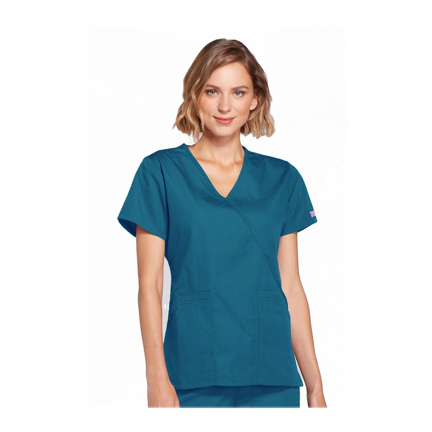 Cherokee Scrubs Workwear Top Mock Wrap Top Caribbean Blue