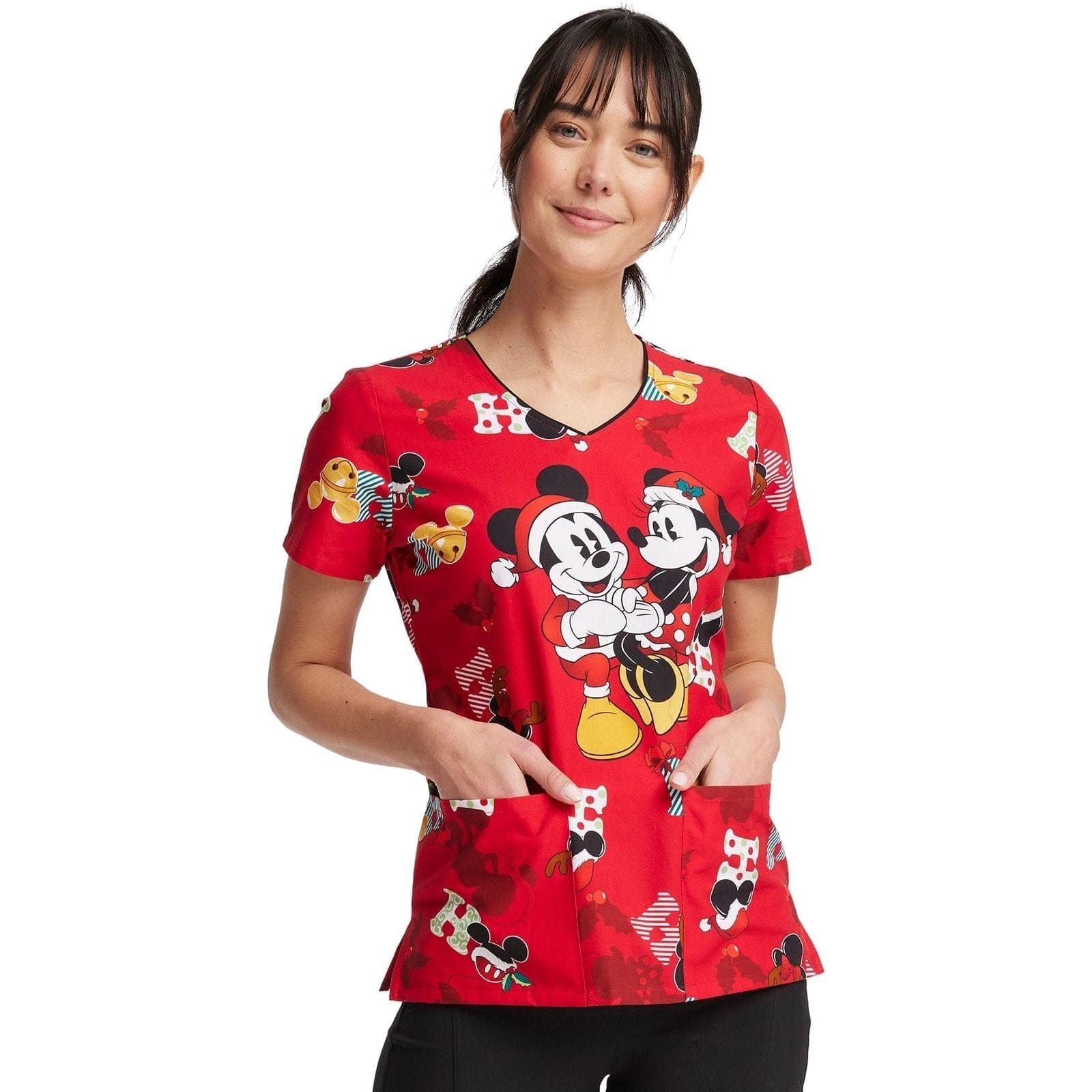 Cherokee Scrubs Top M Cherokee V-Neck Print Top in Mickey Holiday Cheer