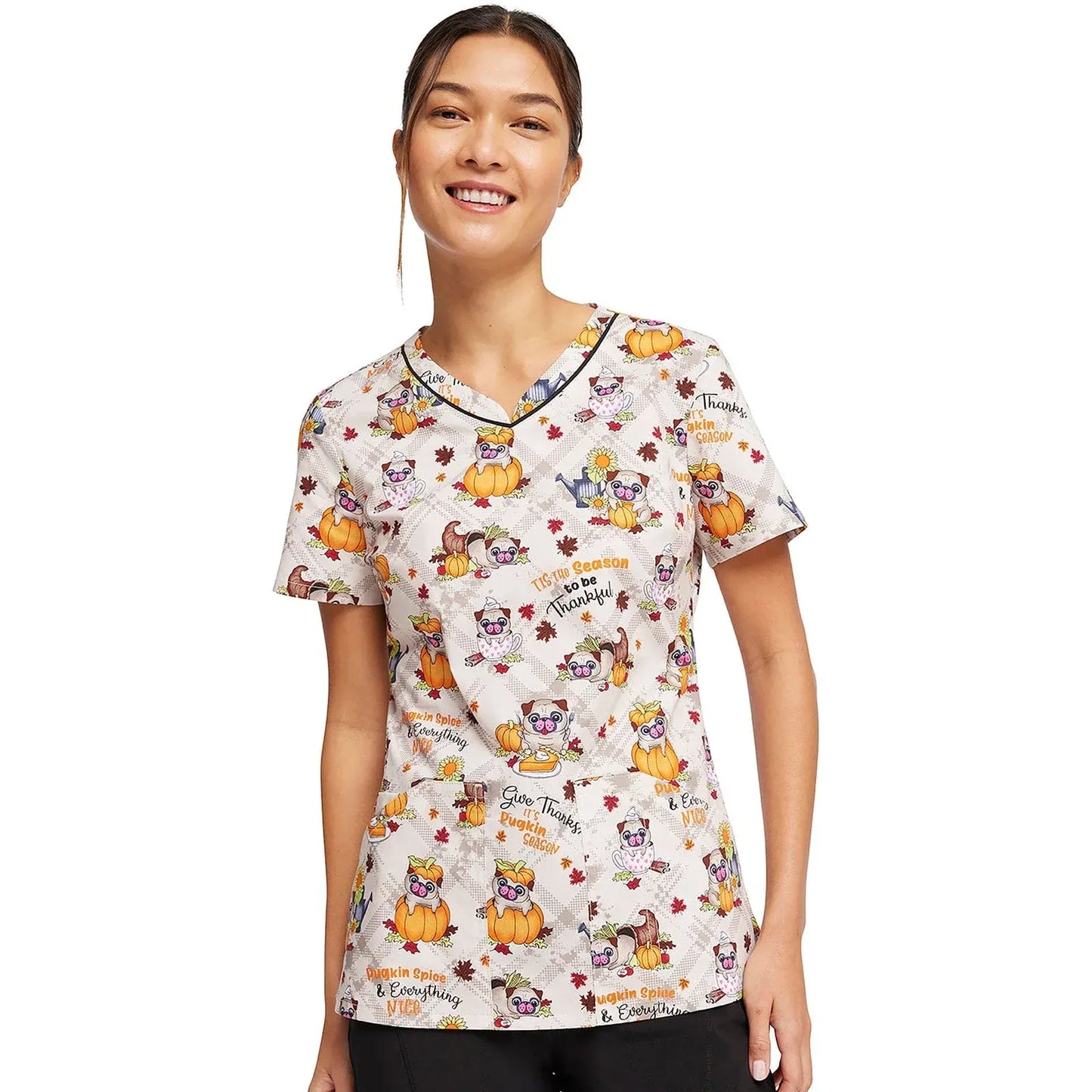 Medshop Australia Cherokee V-Neck Print Top in Pugkin Spice Season