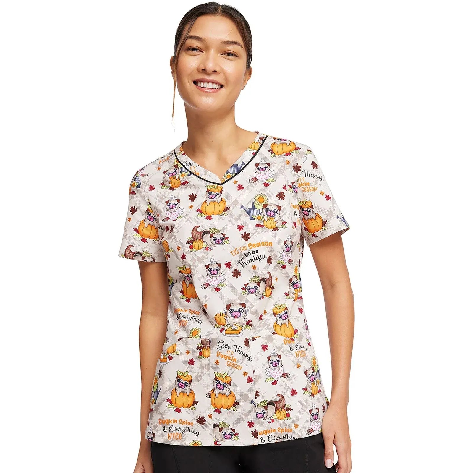 Medshop Australia Cherokee V-Neck Print Top in Pugkin Spice Season