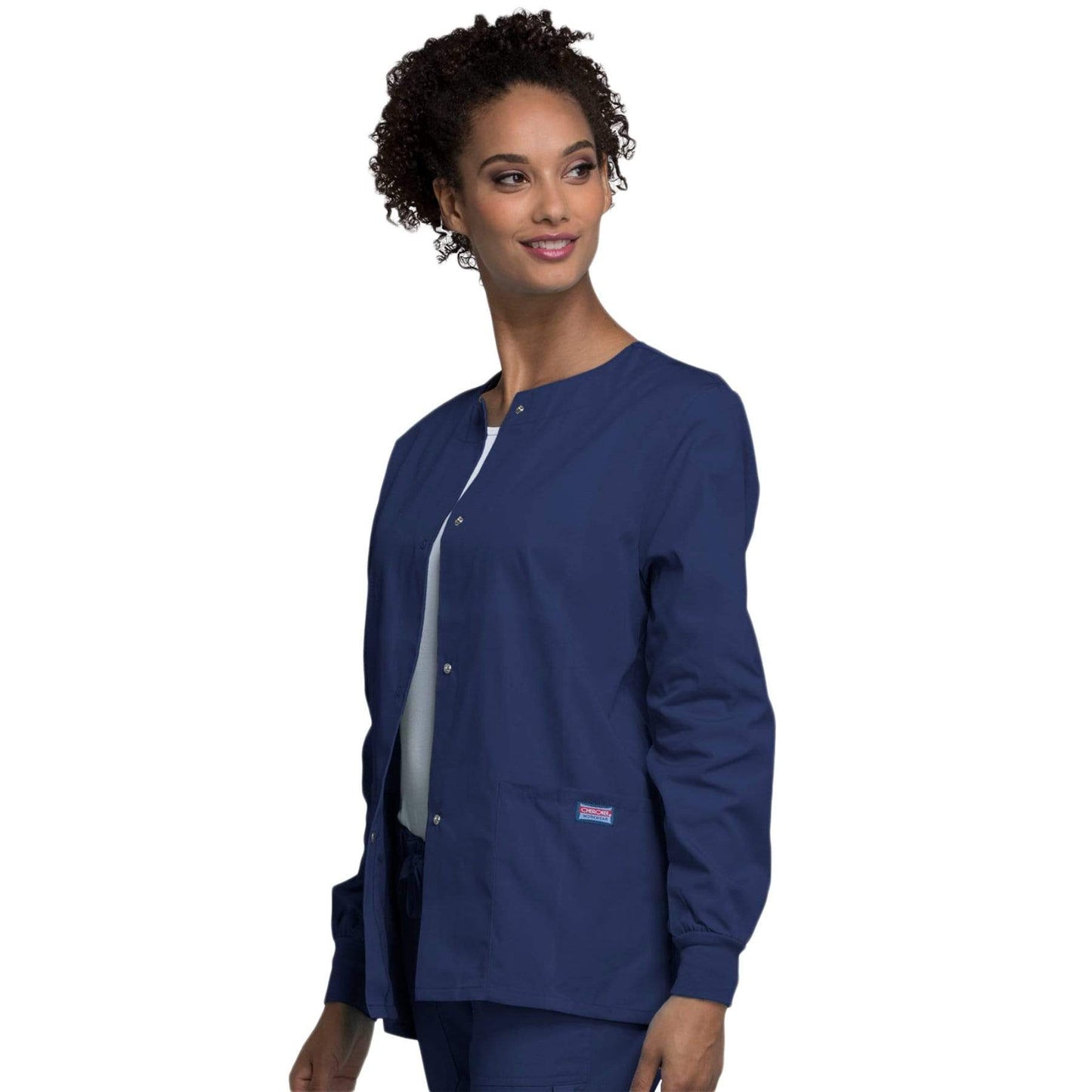 Cherokee Scrubs Jacket Cherokee Workwear 4350 Scrubs Jacket Women's Snap Front Warm-Up Navy