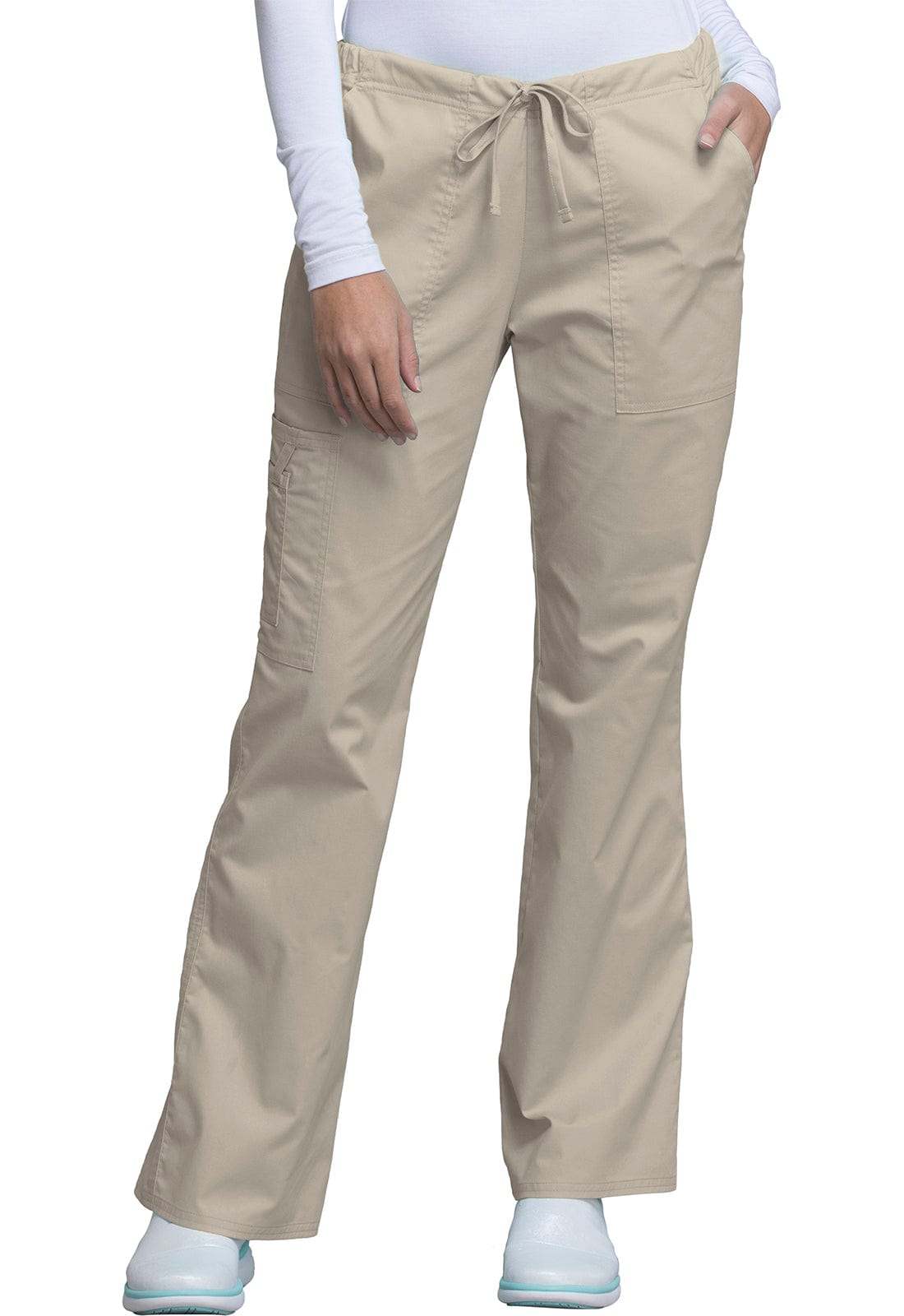Cherokee Scrubs Pants M / Tall Leg Cherokee Workwear Core Stretch 4044 Scrubs Pants Womens Mid Rise Drawstring Cargo Khaki