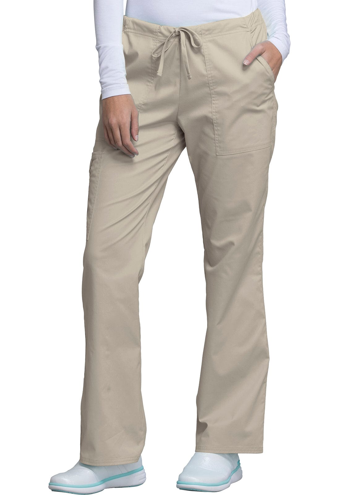 Cherokee Scrubs Pants M / Tall Leg Cherokee Workwear Core Stretch 4044 Scrubs Pants Womens Mid Rise Drawstring Cargo Khaki