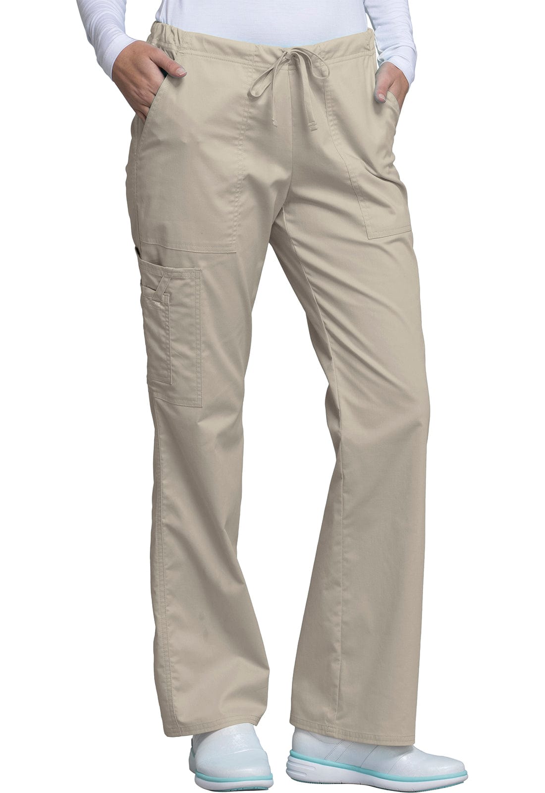 Cherokee Scrubs Pants M / Tall Leg Cherokee Workwear Core Stretch 4044 Scrubs Pants Womens Mid Rise Drawstring Cargo Khaki