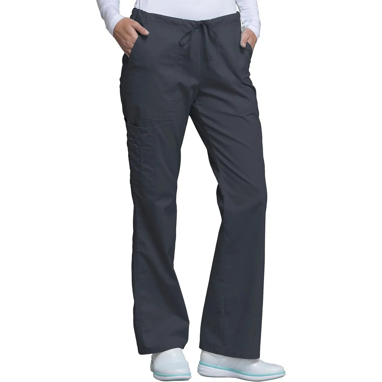 Cherokee Scrubs Pants Cherokee Workwear Core Stretch 4044 Scrubs Pants Womens Mid Rise Drawstring Cargo Pewter