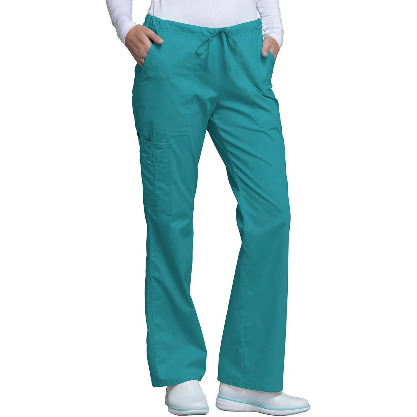 Cherokee Scrubs Pants Cherokee Workwear Core Stretch 4044 Scrubs Pants Womens Mid Rise Drawstring Cargo Teal Blue