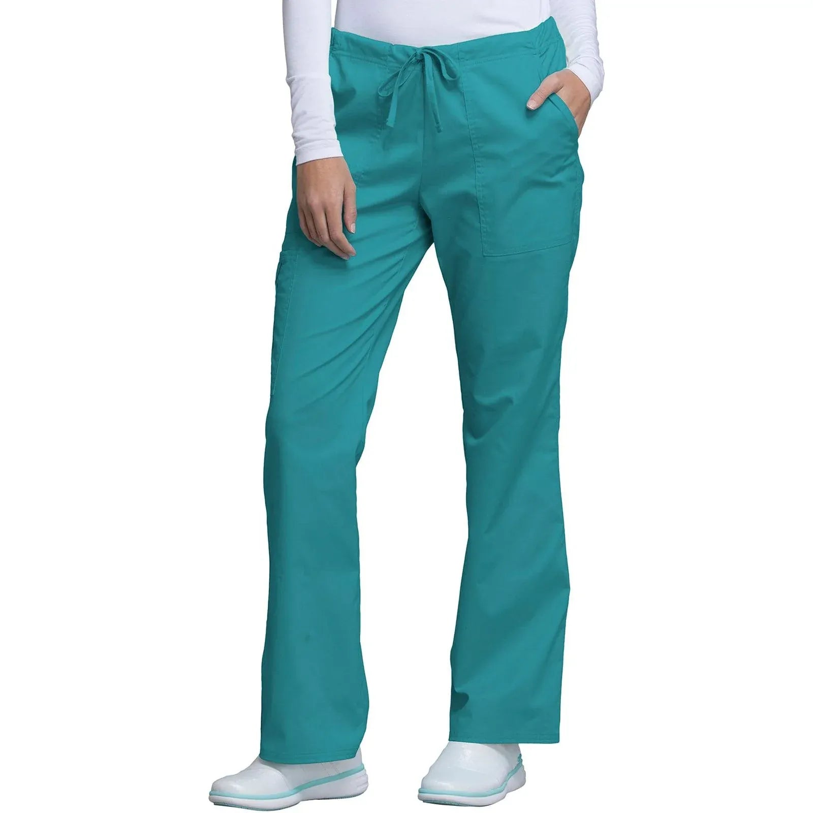 Cherokee Scrubs Pants Cherokee Workwear Core Stretch 4044 Scrubs Pants Womens Mid Rise Drawstring Cargo Teal Blue