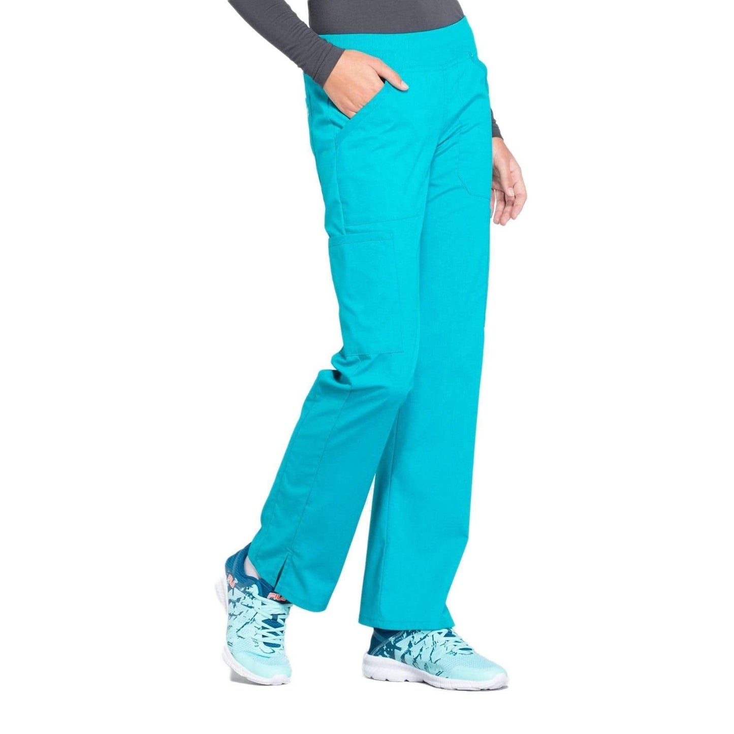 Cherokee Scrubs Pants Cherokee Workwear Professionals WW170 Scrubs Pants Women's Mid Rise Straight Leg Pull-on Cargo Teal Blue