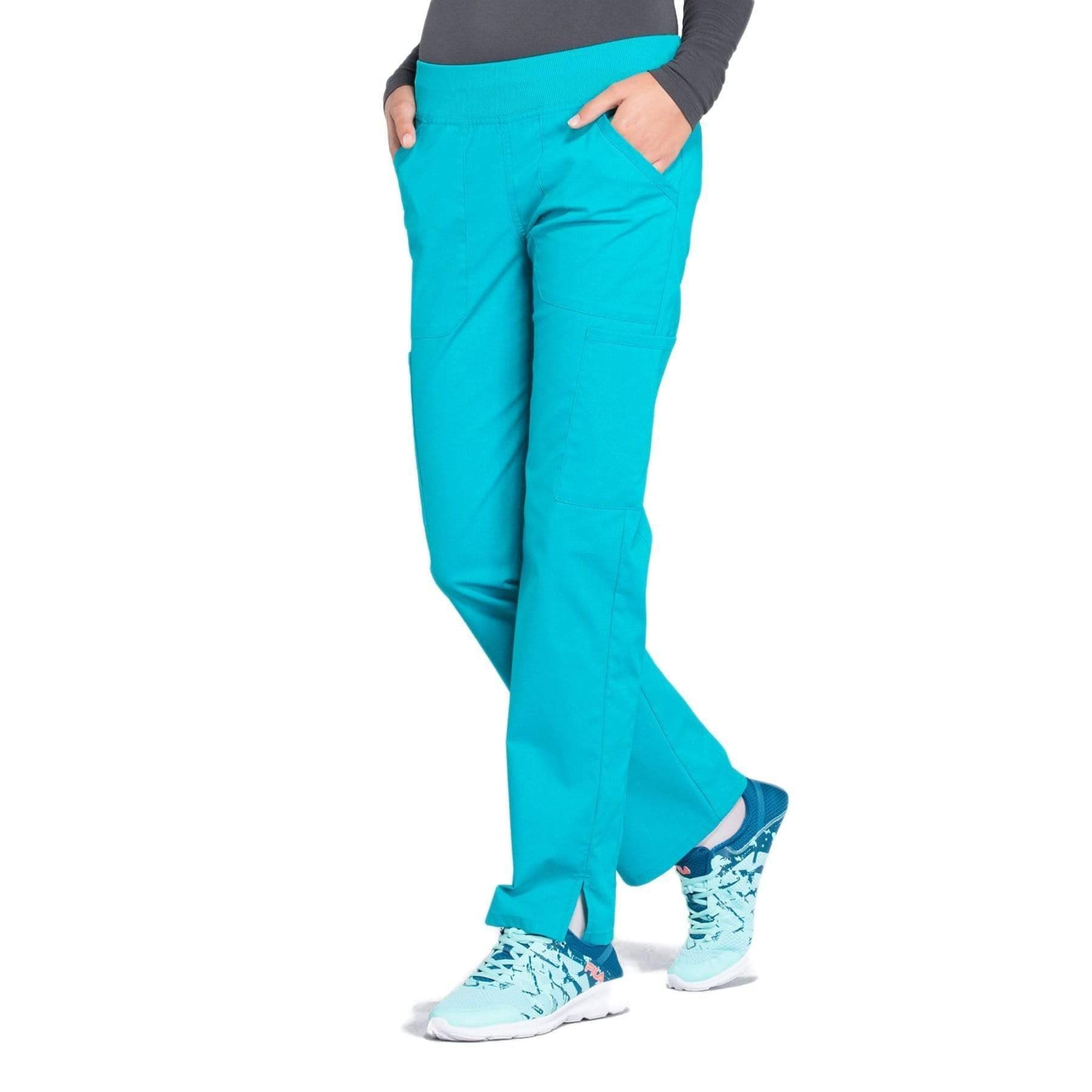 Cherokee Scrubs Pants Cherokee Workwear Professionals WW170 Scrubs Pants Women's Mid Rise Straight Leg Pull-on Cargo Teal Blue