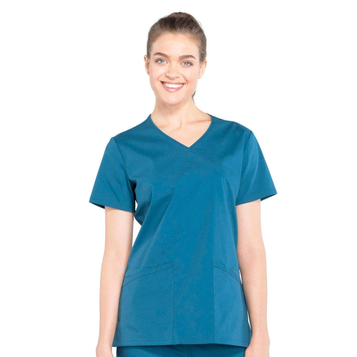 Cherokee Workwear Professionals WW655 Women's Mock Wrap Scrub Top Caribbean Blue