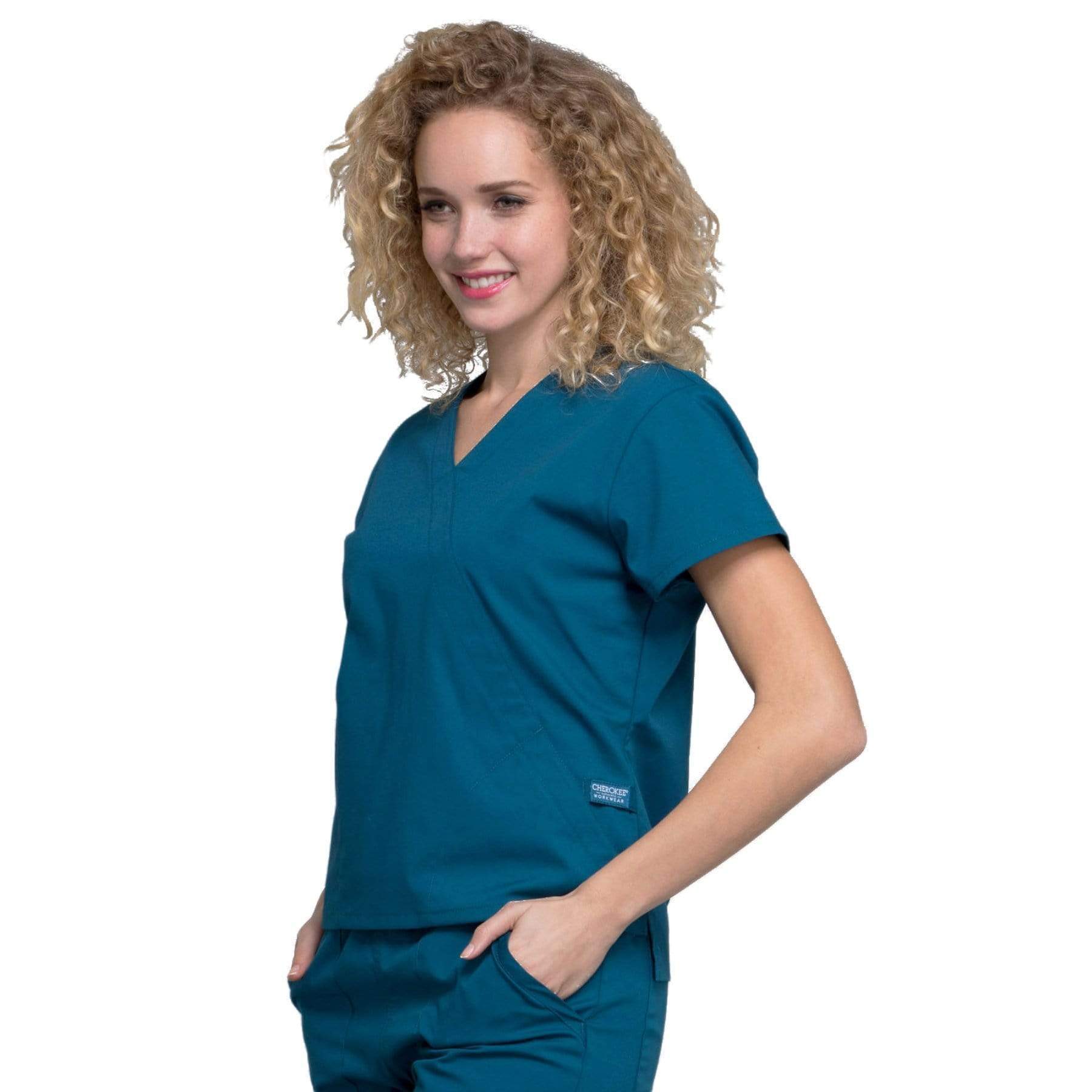 Cherokee Scrubs Top Cherokee Workwear Professionals WW705 Scrubs Top Women's Mock Wrap Caribbean Blue